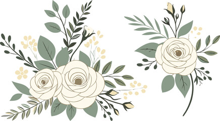 Set of floral branch. Flower pink rose, green leaves. Wedding concept with flowers. Floral poster, invite. Vector arrangements for greeting card.