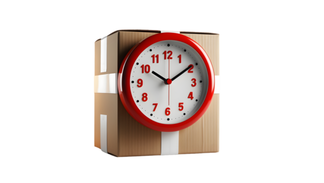 A cardboard box with a red clock symbolizing time sensitive delivery concept