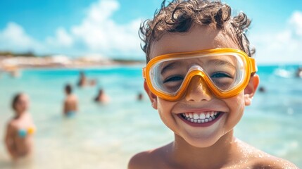 Happy boy wearing swimming mask on beach background on sunny summer day