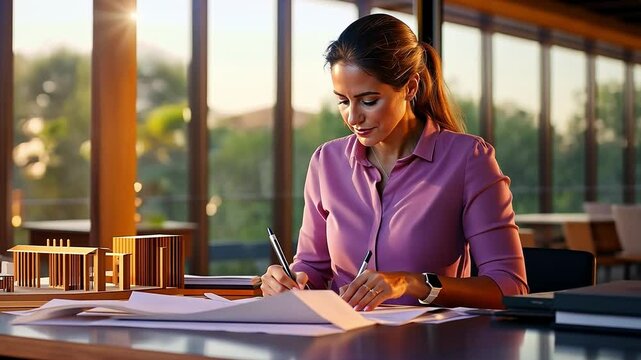 Professional Architect Working on Blueprints in a Modern Office with Architectural Models on Table