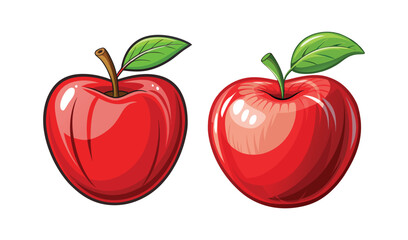 Photo of two glossy red apples, each with a vibrant green leaf, isolated on white background