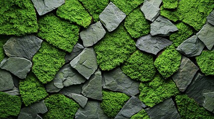 moss arranged in precise organic clusters across an abstract monochrome stone wall, with rich surface clarity, directional ambient light, and elegant spacing between elements