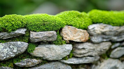 moss arranged in precise organic clusters across an abstract monochrome stone wall, with rich surface clarity, directional ambient light, and elegant spacing between elements