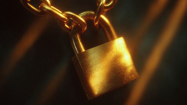 glowing padlock on metal chains symbolizing security and data protection, perfect for use in cybersecurity banners, privacy policy illustrations, or encryption concept visuals	