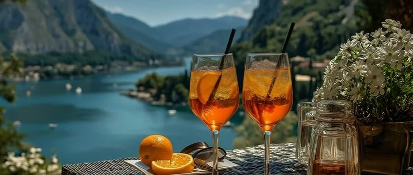 With a lake and mountains in the background, two glasses of aperol spritz cocktail.