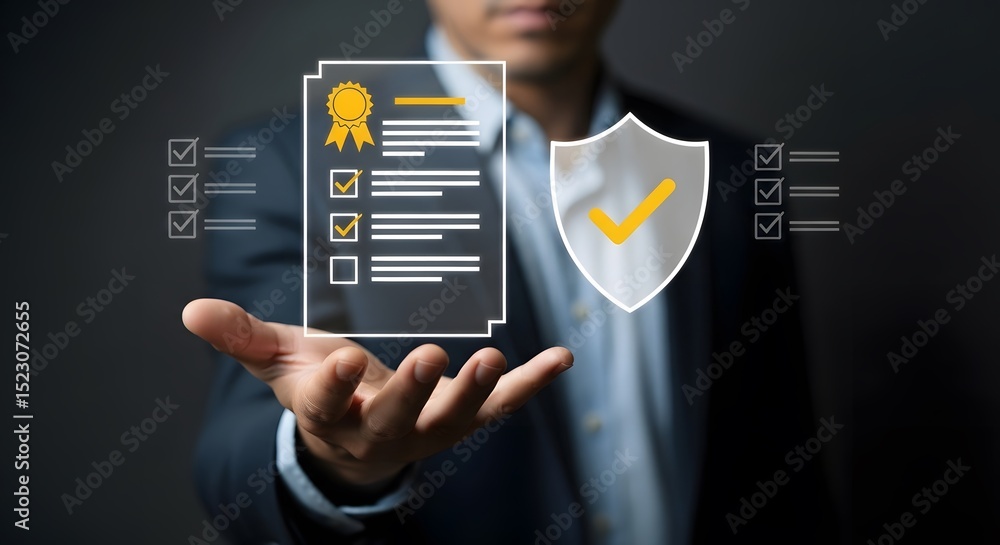 Poster businessman presenting a digital document with a security shield and checklist showcasing data prote