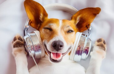 Happy dog listening to music with headphones on, a cute pet enjoying the good vibes of a soft background.