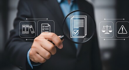 Businessperson examining documents through magnifying glass; compliance, audit, risk management, legal review, and corporate governance concepts.