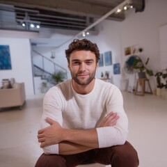 Portrait of a happy male influencer, sitting in a white art gallery studio, wearing a casual sweater and brown pants, looking at the camera and smiling, posing with crossed arms.