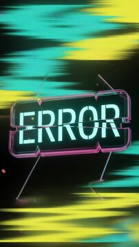 Glitch art style error sign in vibrant neon colors representing digital malfunction