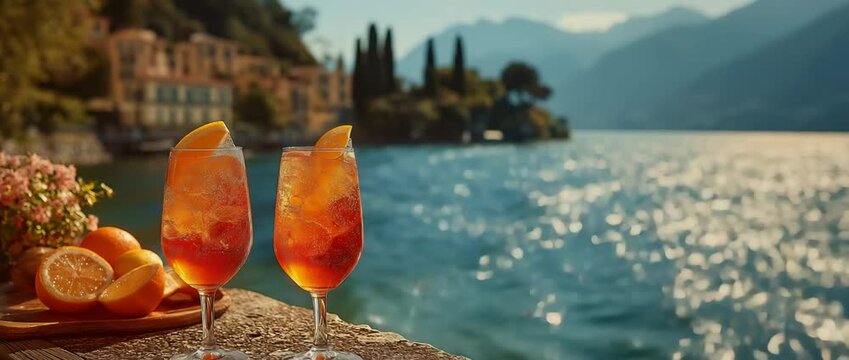With a lake and mountains in the background, two glasses of aperol spritz cocktail.