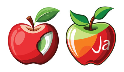 Photo of a vibrant red apple, partially bitten, sits beside a glossy red and orange apple with ja inscribed, isolated on white background