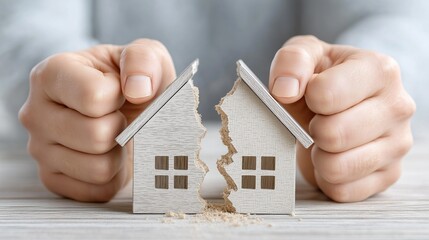 Hands Destroy A Wooden House Concept Broken Home Represents Difficult Division