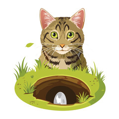 Cute Cat Peeking From Green Burrow © firstcolor