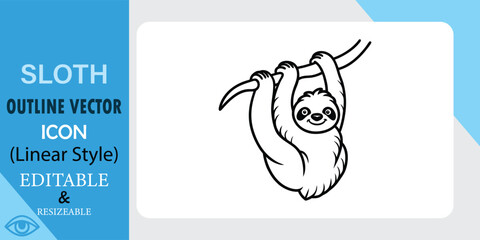 A cute linear style sloth icon, hanging from a branch. Vector format, easily editable and resizable for various uses