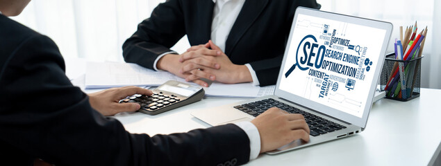 SEO search engine optimization for brisk e-commerce and online retail business showing on computer...