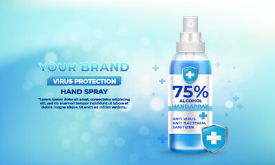 Hand sanitizer spray 75% alcohol, kill covid-19 viruses, bacteria and germs on a blurred light blue background. Pack in clear plastic bottles used to spray. Realistic vector illustration