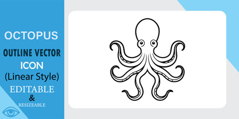 A simple, linear style vector icon of an octopus. Black outline on white background. Editable and resizable