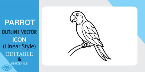 Linear style vector icon of a parrot perched on a branch. Black outline, simple design, editable and resizable.