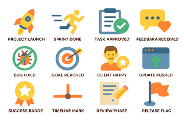 Colorful icons for project management stages and success indicators