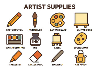 Illustrated artist supplies collection featuring various art tools