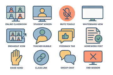 Online classroom interface icons for virtual learning and communication