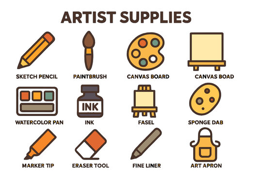 Illustrated artist supplies collection featuring various art tools