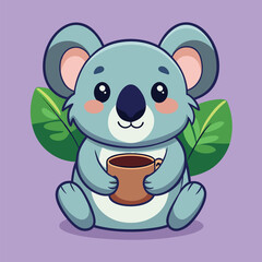 Cute Koala Hugging Coffee Cup – Flat Cartoon Vector Icon Illustration of Animal and Drink Concept Isolated
