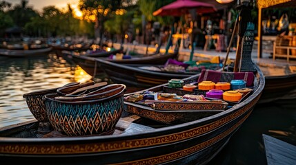Traditional boat scene at sunset market close-up shot serene environment artistic viewpoint cultural concept