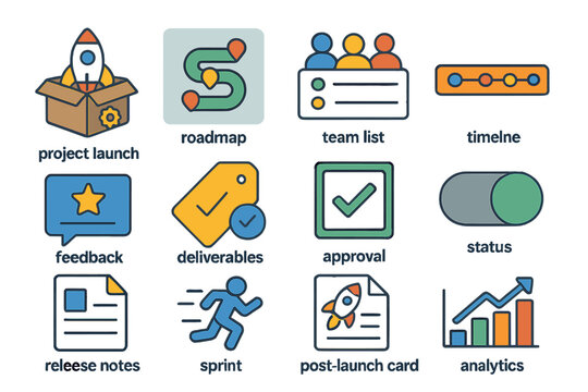 Colorful business icons for project management and analytics overview