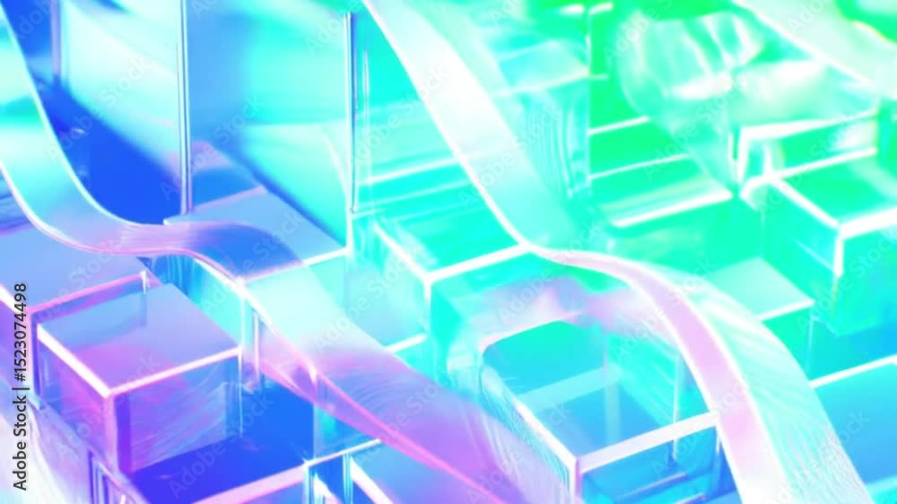 Poster abstract iridescent cubes and flowing ribbons create a vibrant futuristic background ideal for motio