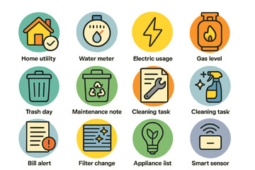 Utility and maintenance icons: home, water, electric, gas, trash, cleaning, alerts