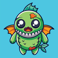 Cute Zombie Fish Cartoon Icon – Flat Vector Illustration of Undead Animal for Halloween or Holiday Theme