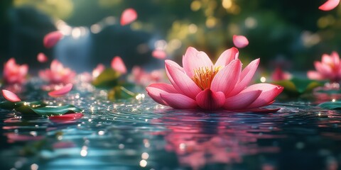 Beautiful pink lotus blooms on calm water surface with gentle petals falling in serene natural setting
