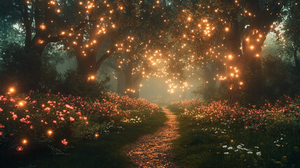 Enchanted forest path with fairy lights and flowers wallpaper background desktop hd high resolution image