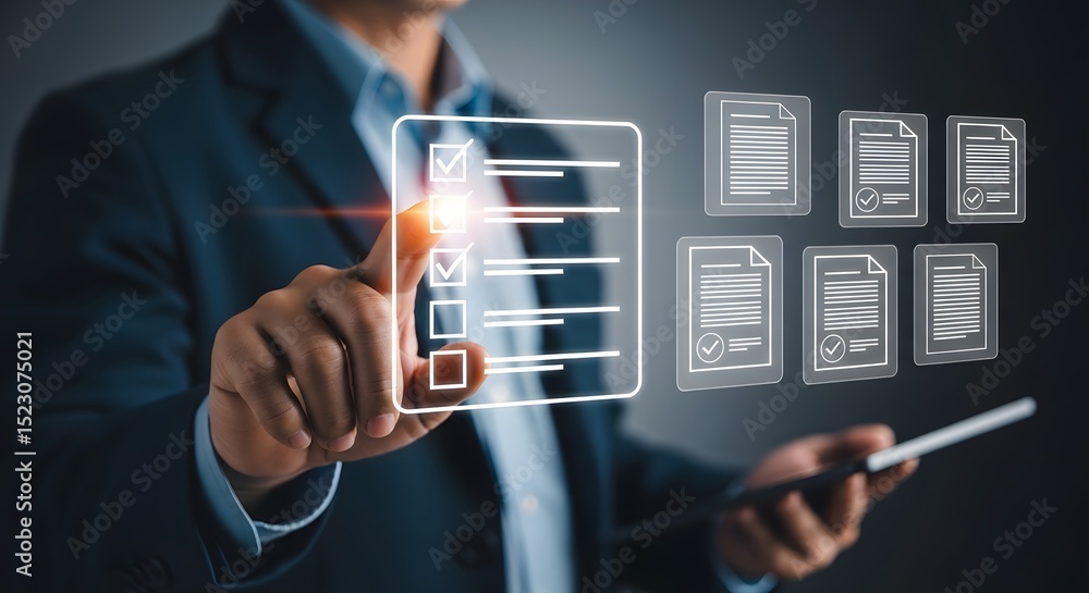 Poster businessman digitally reviewing checklist documents task management workflow online project planning