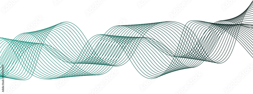 Poster Abstract wave design with a series of flowing, overlapping sinusoidal curves in a gradient. Clean white background, with wave line with sense of motion and fluidity. Sound waves or light frequencies