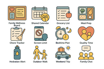 Interactive family planner icons for organizing daily activities and wellness