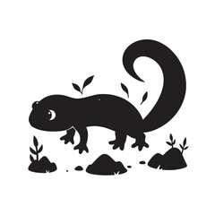 Newt Crawling Over Wet Leaves Silhouette Vector