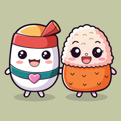 Cute Sushi Couple Friend Characters – Cartoon Vector Icon Illustration Pack of Food Concept Isolated Flat Design
