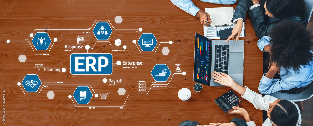 Poster a diverse team engages in a business meeting focused on enterprise resource planning, utilizing tech