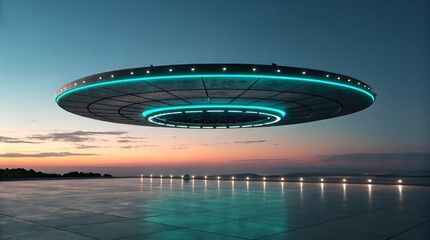 Futuristic ufo spaceship landing on a platform at sunset
