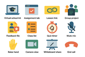 Educational icons: virtual learning tools and classroom management elements