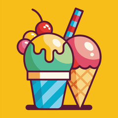 Colorful Ice Cream Combo Icon – Flat Cartoon Summer Dessert Concept Illustration