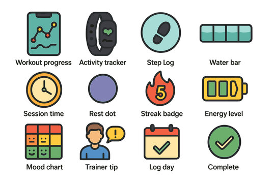 Fitness icons: workout progress, activity tracker, step log, streak badge, energy level