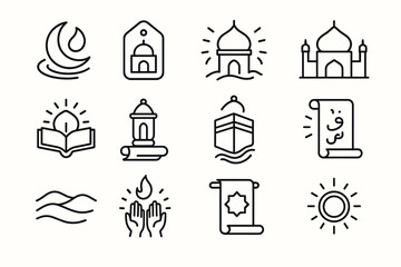 Fototapeta premium Islamic symbols collection: crescent, mosque, quran, prayer, kaaba, scroll, sun