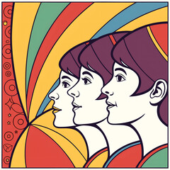Three Women in Retro Style, Vibrant 1960s-70s Design