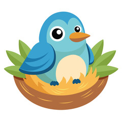 Cute Bird Sitting in Nest – Flat Cartoon Vector Icon Illustration of Animal and Nature Concept Isolated
