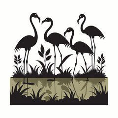 Flamingo Group Standing In Marsh