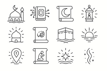 Islamic symbols collection - mosque, quran, crescent moon, lantern, kaaba, prayer